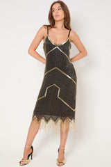 Black And Gold Embellished Midi Dress-0