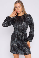 Elle Black Silver Sequin Long Sleeve Dress-0