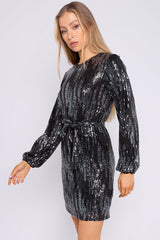 Elle Black Silver Sequin Long Sleeve Dress-2