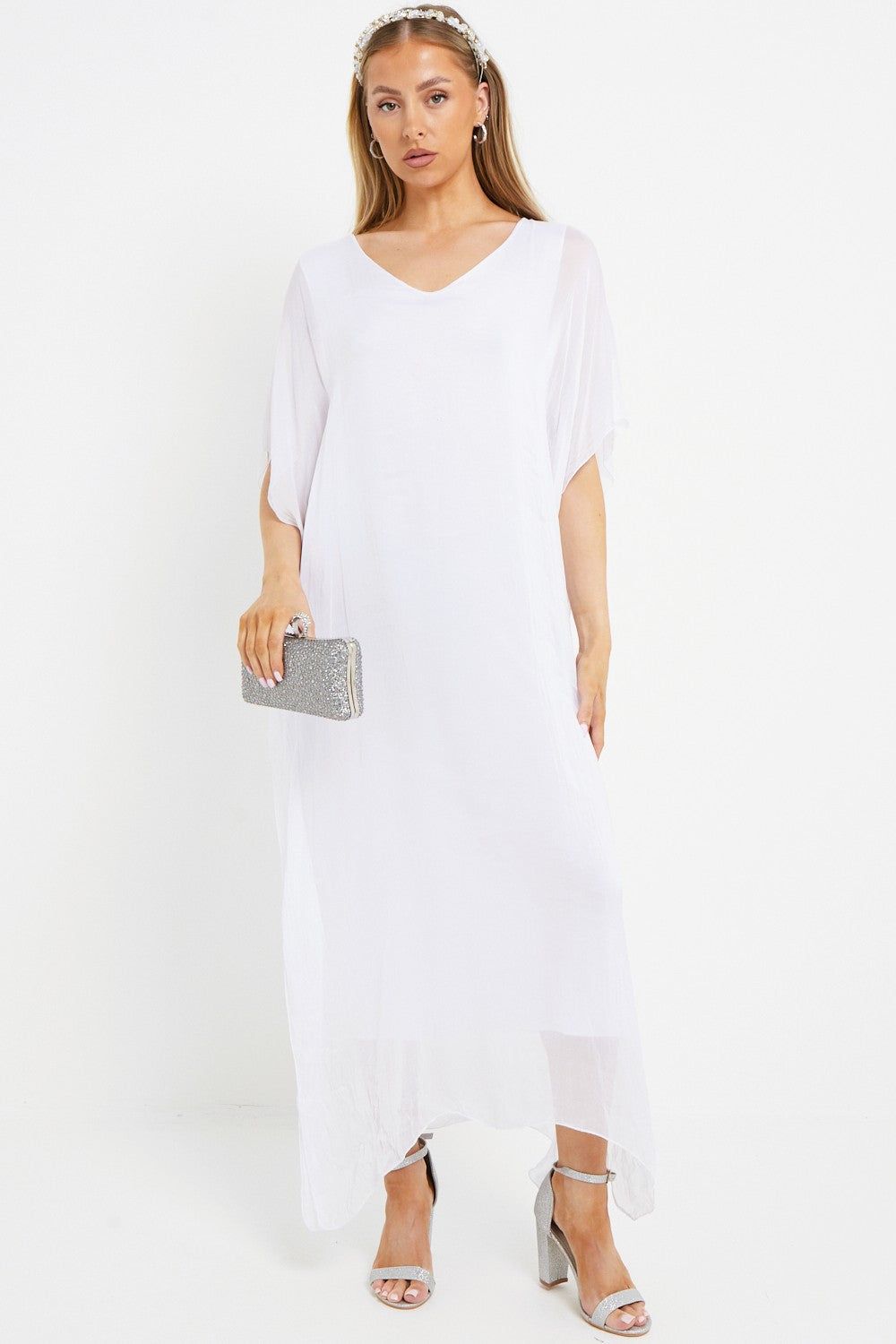 White Silk Maxi Kaftan Dress-0