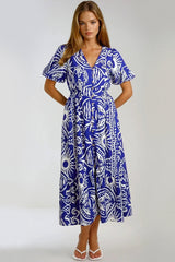 Royal Blue Puff Sleeve  Midi Dress-2