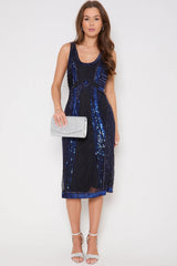 Blue Sequin Sleeveless Midi Dress-0