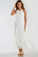 Ivory Tiered Halterneck Maxi Dress With Crochet Details-0