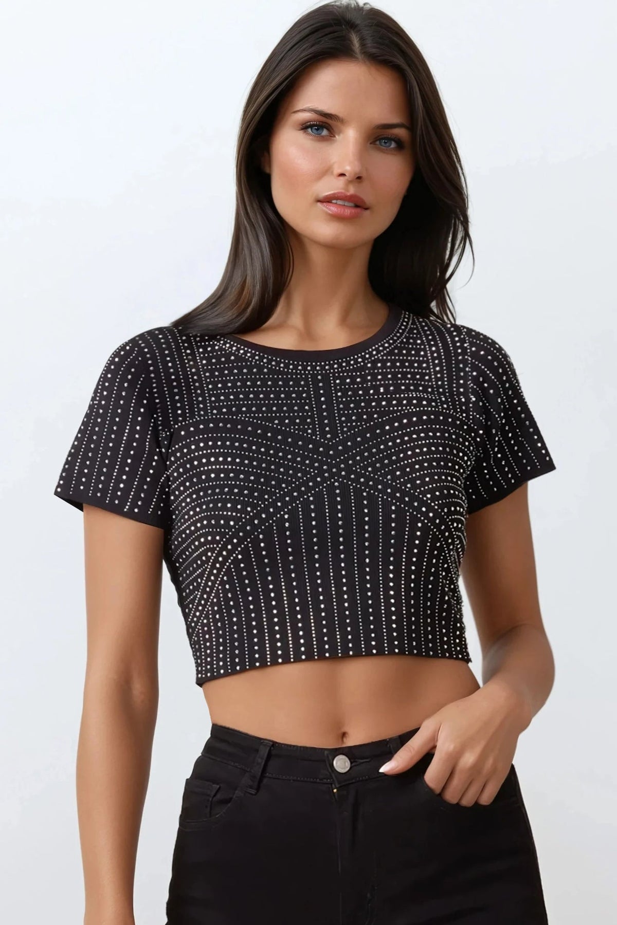 Black Embellished Crop Top-0