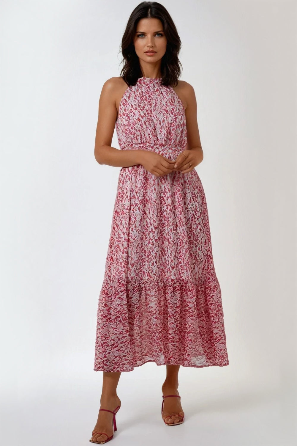 Pink Abstract Print Halterneck Maxi Dress-0