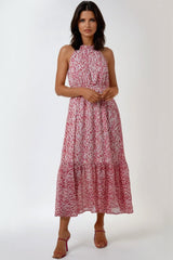 Pink Abstract Print Halterneck Maxi Dress-0