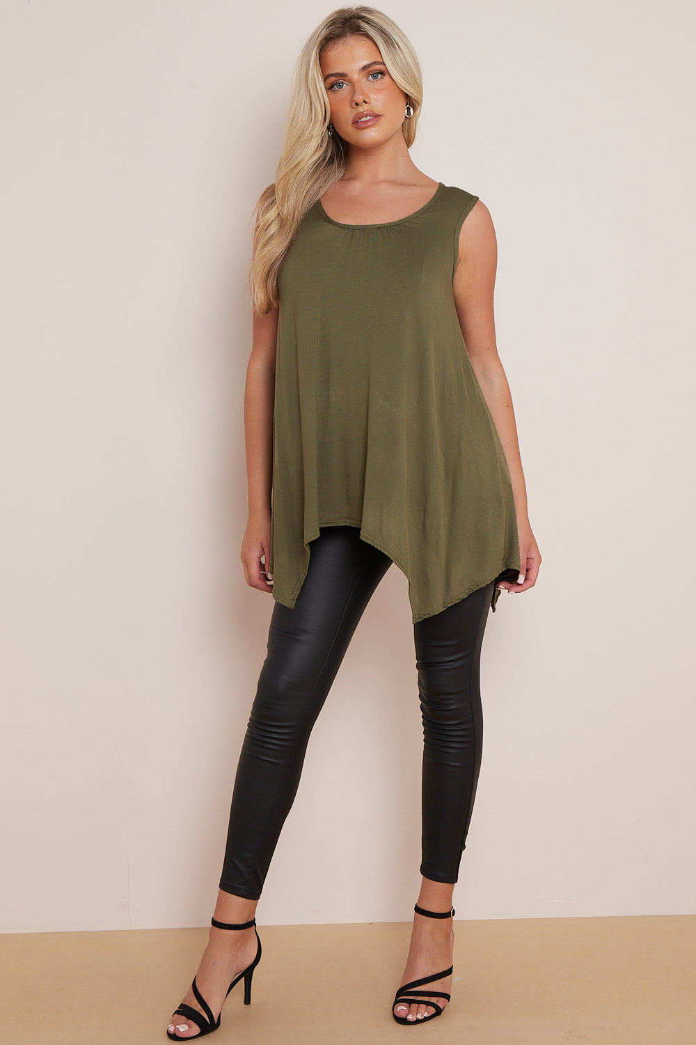 Khaki Sleeveless Top With Asymmetric Hem-0