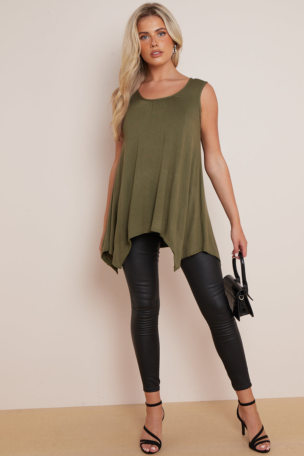 Khaki Sleeveless Top With Asymmetric Hem-1