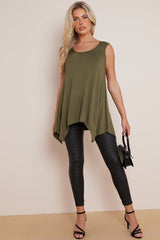 Khaki Sleeveless Top With Asymmetric Hem-1