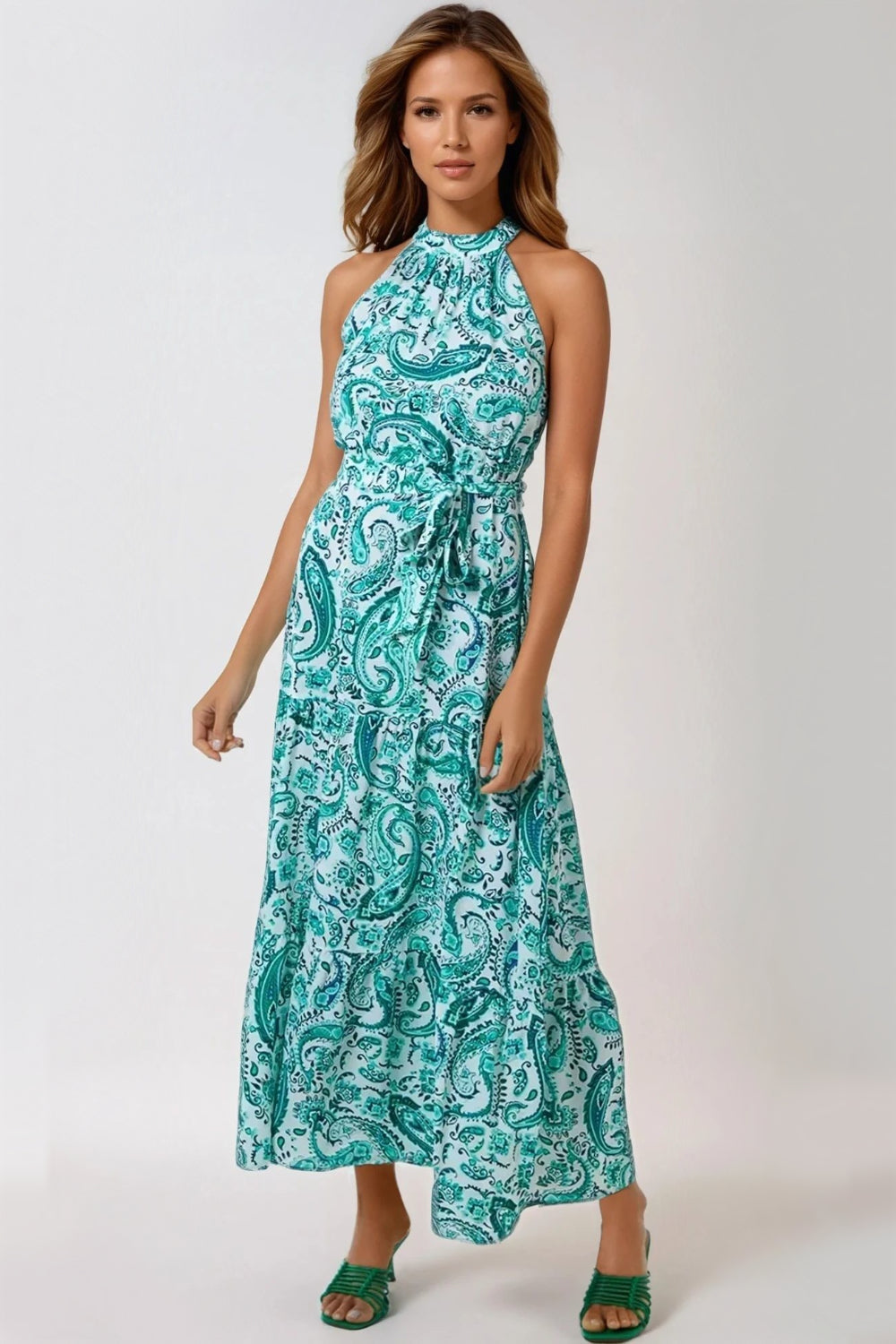 Green Paisley Print Halterneck Maxi Dress-0