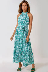 Green Paisley Print Halterneck Maxi Dress-0
