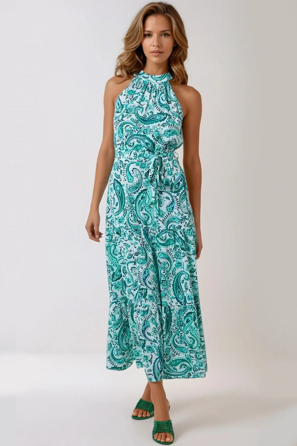 Green Paisley Print Halterneck Maxi Dress-3