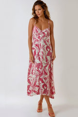 Pink Leaf Print Lace Up Back Midi Dress-0