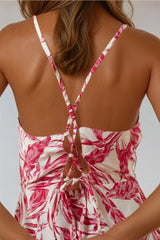 Pink Leaf Print Lace Up Back Midi Dress-1