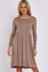 Mocha Long Sleeve Gathered Waist Dress-0