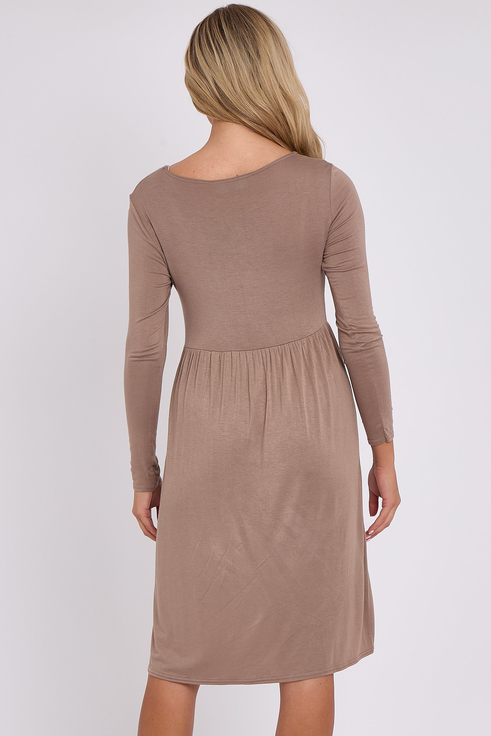 Mocha Long Sleeve Gathered Waist Dress-4