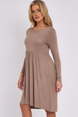 Mocha Long Sleeve Gathered Waist Dress-2