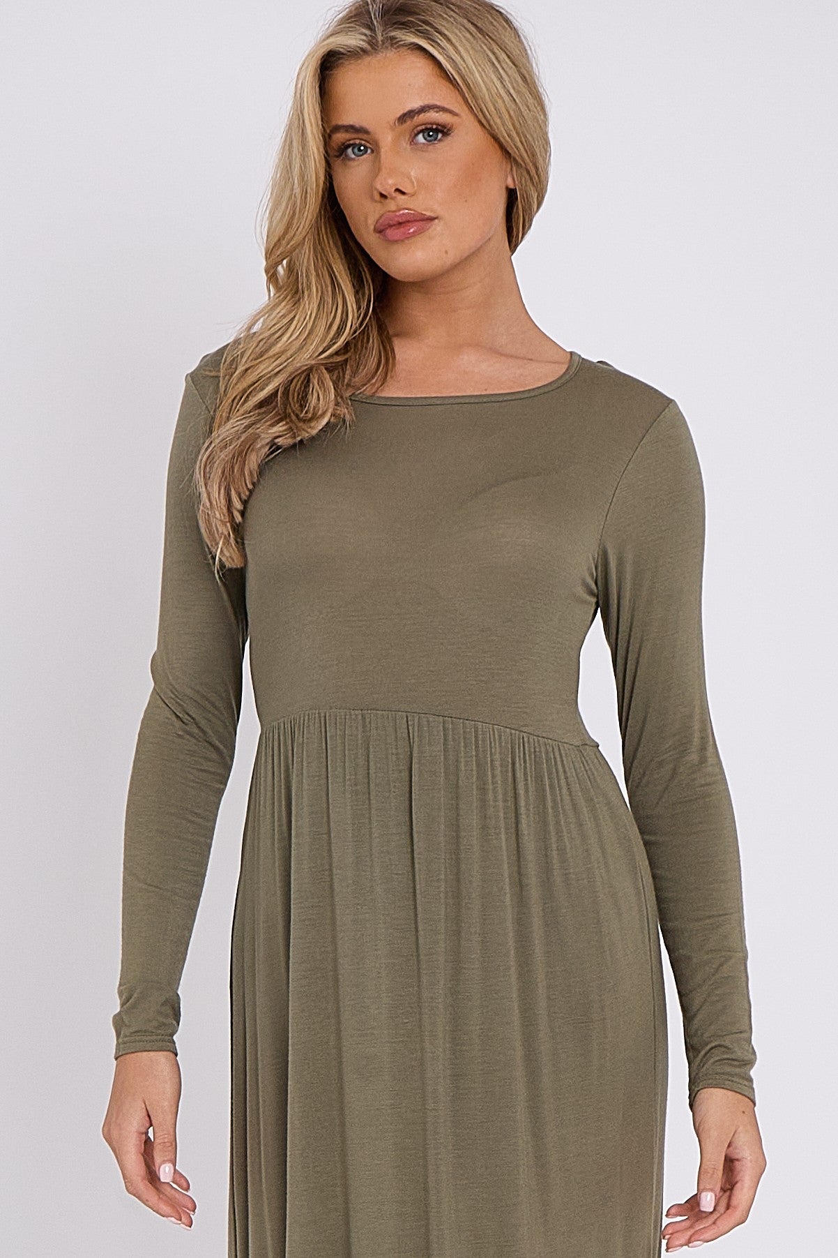 Khaki Long Sleeve Gathered Waist Dress-2