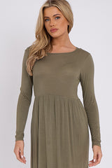 Khaki Long Sleeve Gathered Waist Dress-2