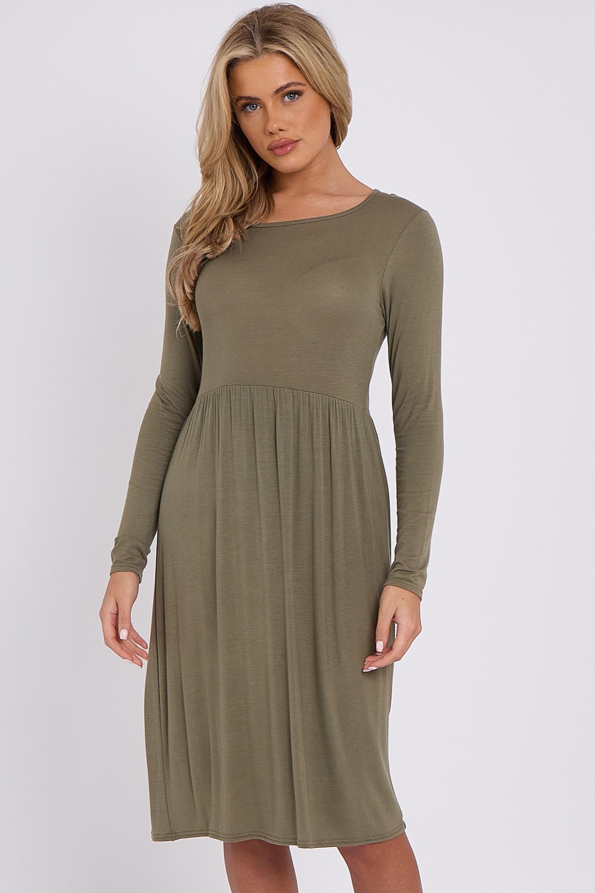 Khaki Long Sleeve Gathered Waist Dress-0