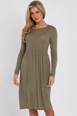 Khaki Long Sleeve Gathered Waist Dress-0