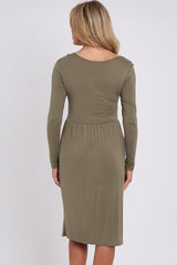 Khaki Long Sleeve Gathered Waist Dress-3