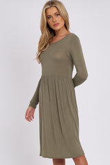 Khaki Long Sleeve Gathered Waist Dress-1