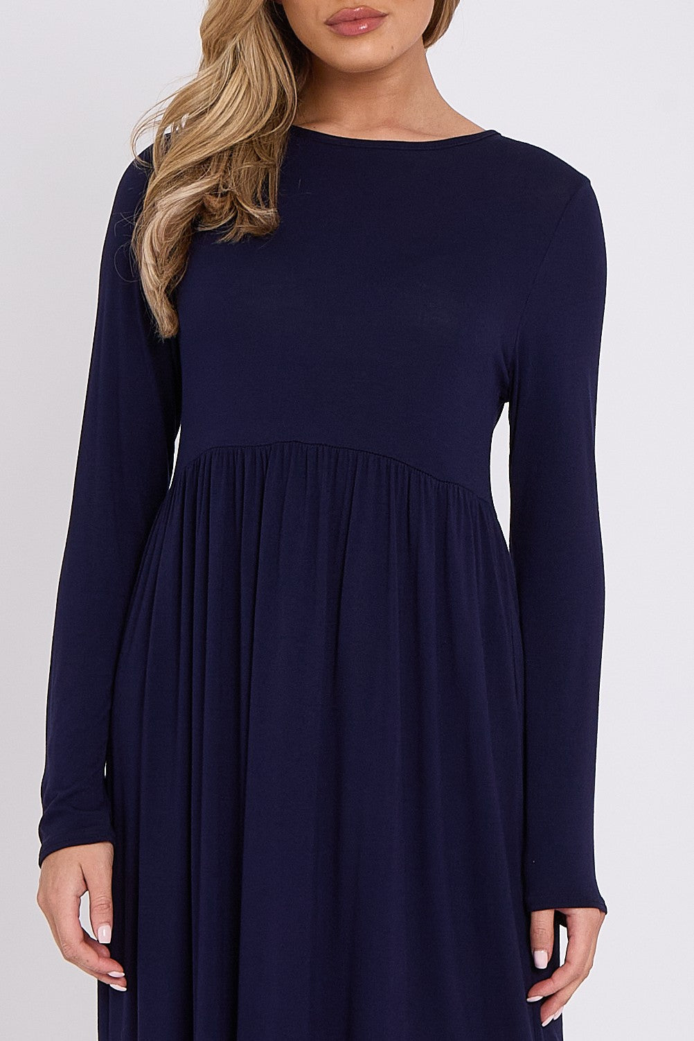 Navy Long Sleeve Gathered Waist Dress-3