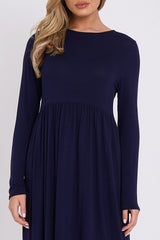 Navy Long Sleeve Gathered Waist Dress-3