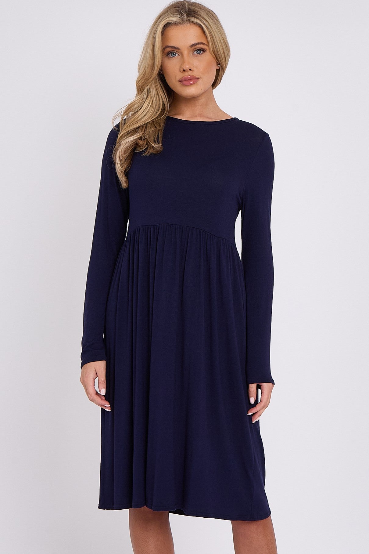 Navy Long Sleeve Gathered Waist Dress-0