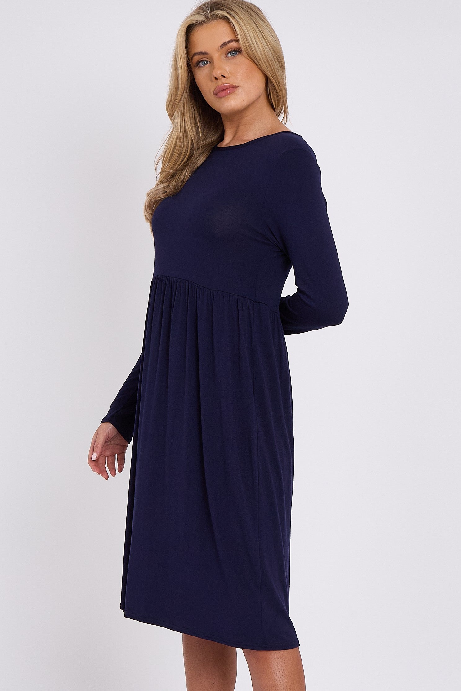 Navy Long Sleeve Gathered Waist Dress-1