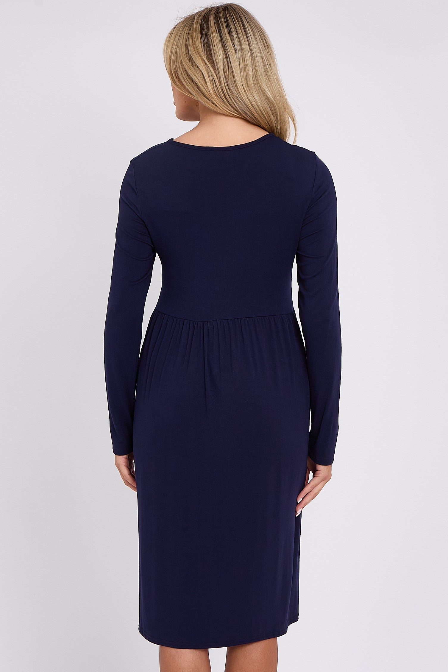 Navy Long Sleeve Gathered Waist Dress-2