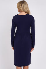 Navy Long Sleeve Gathered Waist Dress-2