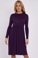 Purple Long Sleeve Gathered Waist Dress-0