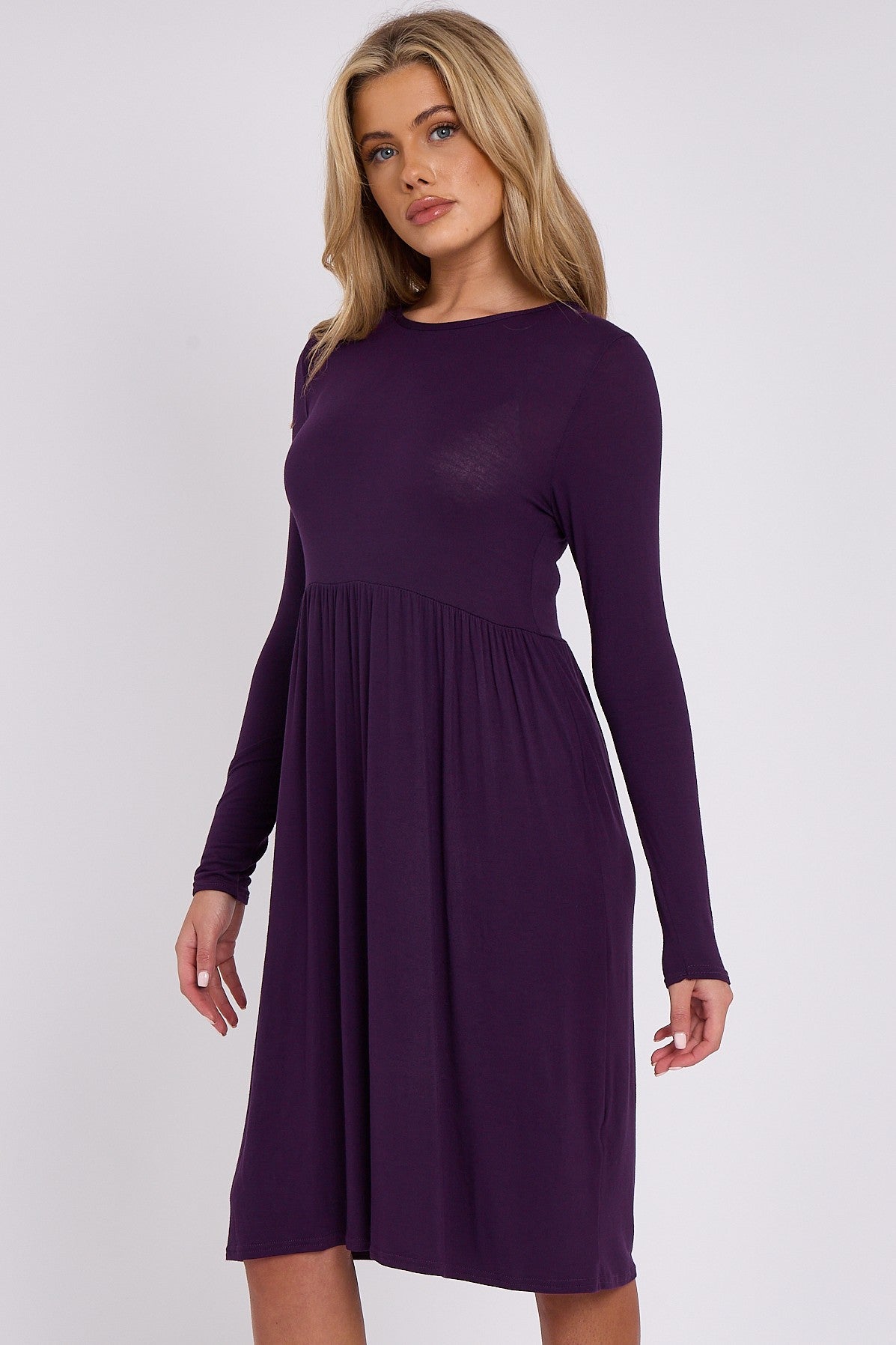 Purple Long Sleeve Gathered Waist Dress-1