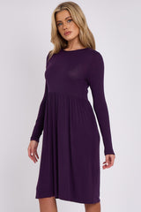 Purple Long Sleeve Gathered Waist Dress-1