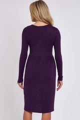 Purple Long Sleeve Gathered Waist Dress-2