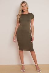 Khaki Cap Sleeve Midi Dress-0