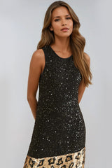 Black Gold Sequin Midi Dress with Leopard Trim-1