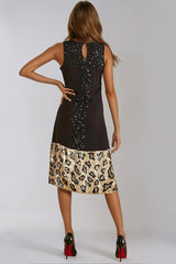 Black Gold Sequin Midi Dress with Leopard Trim-3