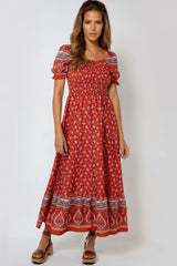 Orange Floral Puff Sleeve Shirred Maxi Dress-0