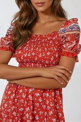 Orange Floral Puff Sleeve Shirred Maxi Dress-1