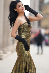 Gold Bandeau Ruched Midi Dress-3