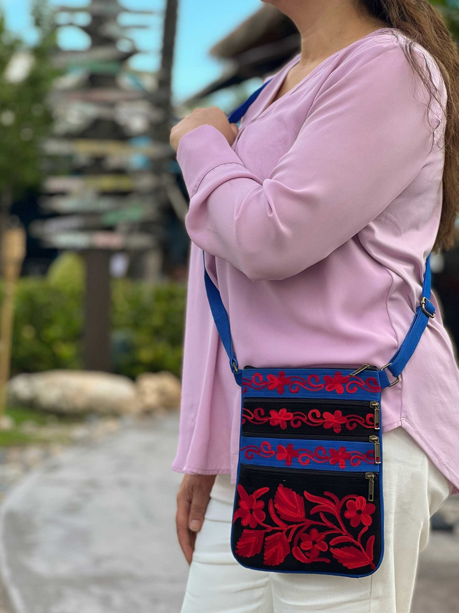 Black And Red Suede Embroidered Cross-Body Bag-5