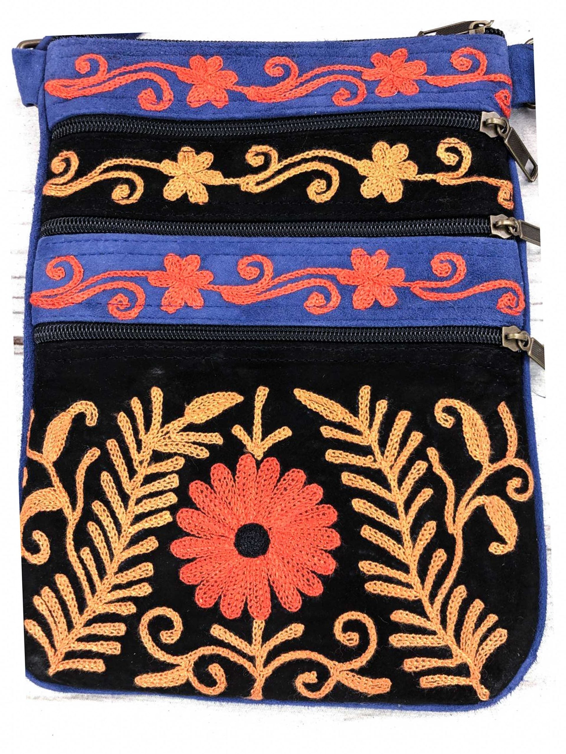 Suede Embroidered Tangerine and Blue Crossbody Bags-6