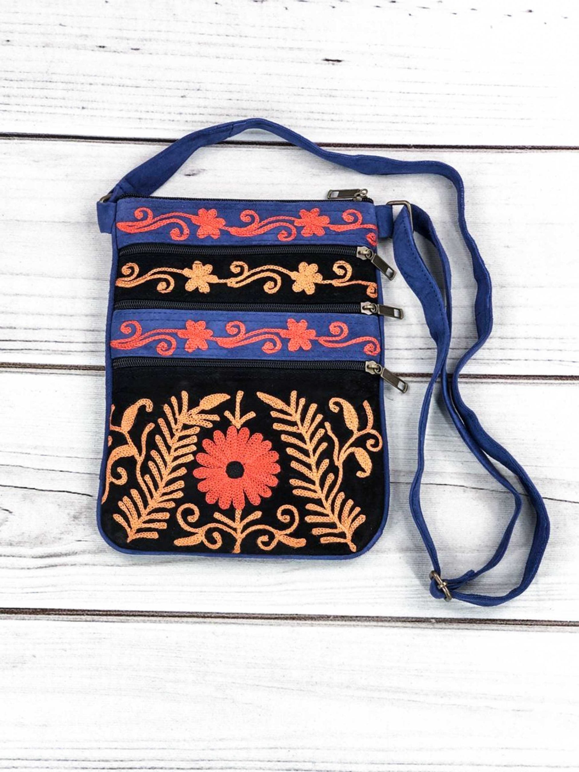 Suede Embroidered Tangerine and Blue Crossbody Bags-4