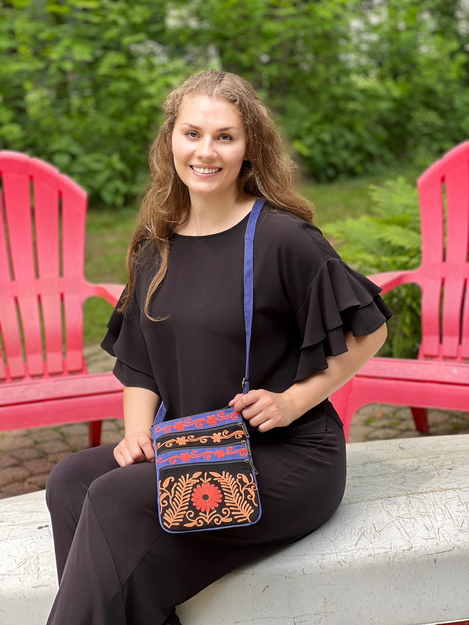 Suede Embroidered Tangerine and Blue Crossbody Bags-1