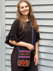Suede Embroidered Tangerine and Blue Crossbody Bags-3