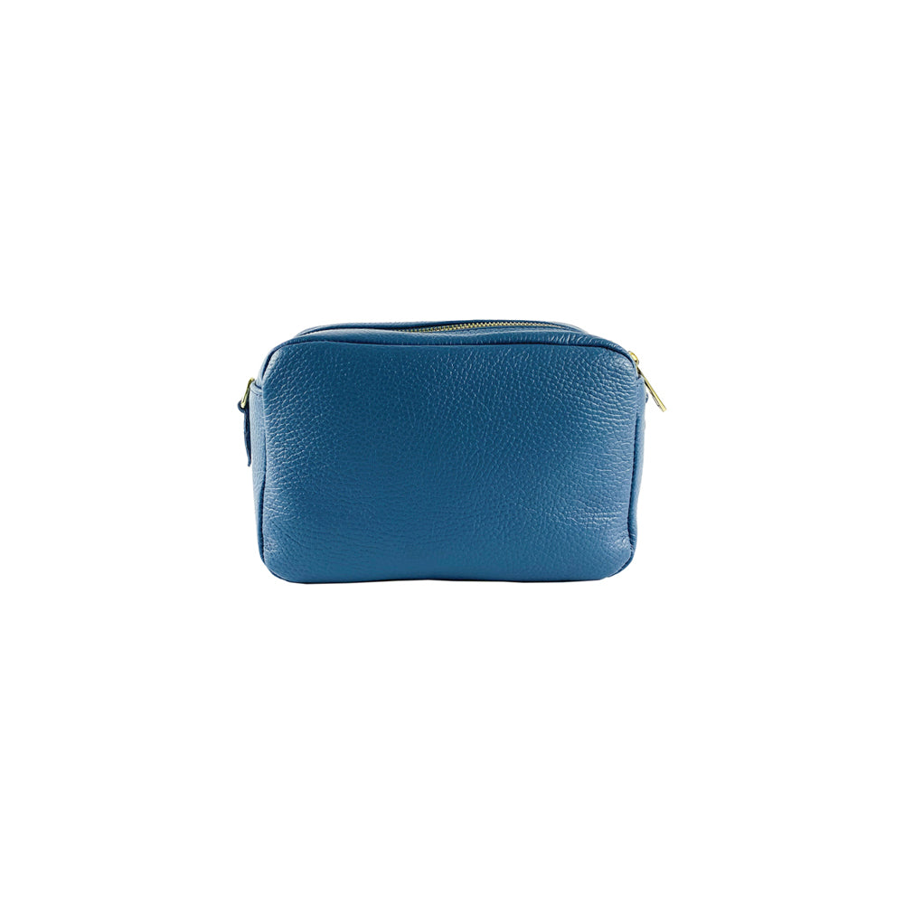 RB1008P | Women's Double Zip Crossbody Bag in Genuine Leather Made in Italy. Removable shoulder strap. Polished Gold Metal Snap Hook Attachments - Air Force Blue Color - Dimensions: 20 x 15 x 9 cm-1