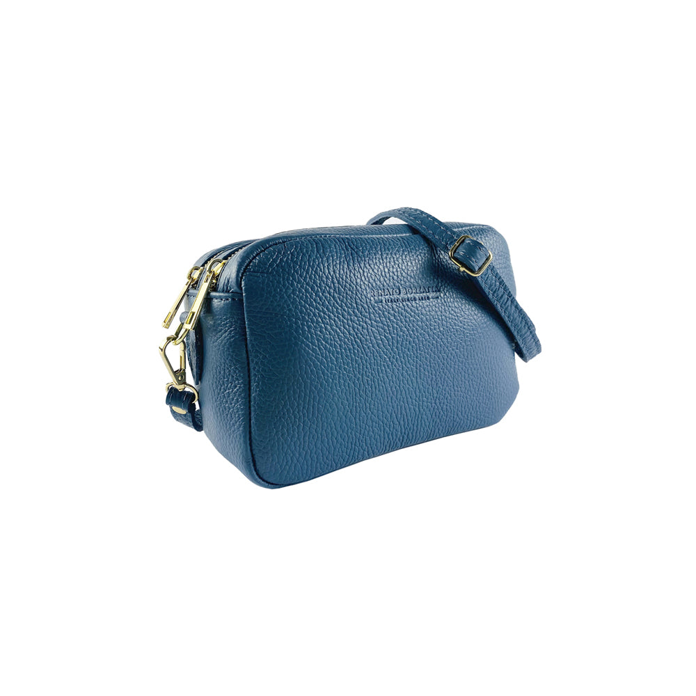 RB1008P | Women's Double Zip Crossbody Bag in Genuine Leather Made in Italy. Removable shoulder strap. Polished Gold Metal Snap Hook Attachments - Air Force Blue Color - Dimensions: 20 x 15 x 9 cm-0